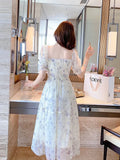 Elegant Floral Chiffon Party Dress Women Fashion Puff Sleeve A Line Midi Dress Sweet Square Collar Korean Female