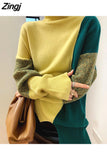 Women Turtleneck Sweater Women Oversize Autumn Winter Patchwork Loose Pullover Thick Casual Soft