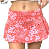 Women's Summer Ruffles A-Line Mini Skirt Y2K Style High Waist Floral Print Frill Trim Above Knee Short Skirt