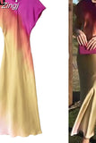 Tie Dye Long Dress Women Short Sleeve Elegant Dresses For Women 2023 Vintage Midi Satin Dress Woman Evening Party