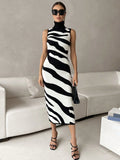 High-Neckless Sleeveless Striped Bag-Butyle Slimmed Sexy Knitted Dress