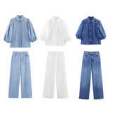 Women's Clothing Explosion Fashion Cowboy POLO Collar Sleeve Shirt + Trousers