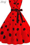 Women 2023 Summer Polka Dot Vintage Dress Sexy Deep V Neck Sleeveless Party Sundress Elegant Casual Belt Beach