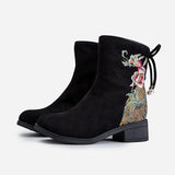 Zingj New Women's Boots Suede Cotton Boots And Velvet Inside The Middle Heel Ankle Boots To Keep Warm Fashion National Style Embroidered Cloth