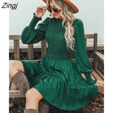 PETAL Green Smocked Mini Dress For Woman Sexy High Neck Long Lantern Sleeve Party Dress 2023 Spring Autumn Female