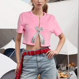 Summer New Set Diamond Sequin Bow Design Sense Short-Sleeved T-Shirt Women's Niche Design Sense Short