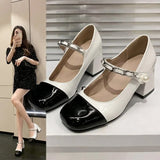 Vintage Mary Jane Shoes Women's French High Heels Fairy Wind Shoes Pearl Paint Leather Coarse Heel Single