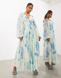 Women's Printed Chiffon Dress V Collar Folded Waist Drawstring Long Sleeve