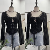 Court Wind Strapped With Waist Fish Bone Shirt Lace Shirt Back Waist To Take Short Top