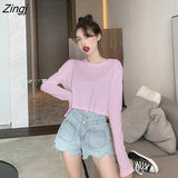 Sleeve T-shirts Women Spring Solid Loose Crop Top Sexy New Trendy Leisure Girls T-shirt Korean Stylish Teens All-match
