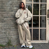 Street Style Old Print Zip-Up Hoodie Sports Suit Women Loose Comfortable Street Out Of The