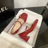 Zingj Pearl Buckle Mary Jane Shoes Female Autumn 2023 New Thick Heel Square Head Patent Leather Wine Red Small Leather