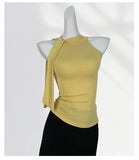 Zingj Lace Cut Shoulder Sleeveless Top Elegant Morde Cotton Sexy Tight Stretch Scarf Collar