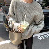 Solid Color Cable Knit Pullover Sweater-Outfit