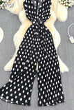 Red/Purple/Orange Polka Dot Pleated Jumpsuits Women Elegant V-Neck Sleeveless High Waist Wide Leg Loose Romper