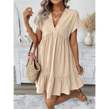 Women's Dress 2025 Summer Holiday Windy Windy Leaves Edge V Collar Solid Loose Short