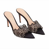 French Champagne-Colored Lace High-Heeled Slippers Women With Fine And Famous Niche Pointed-And-Tou Sandals