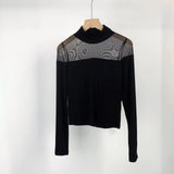 Zingj Show Thin Temperament Mesh Hollow Out Black Bottom Shirt Women's New Slim Half High Collar With Long-Sleeved