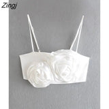 Women High Street Floral Appliques Design Spaghetti Strap Chic Camis Tank Lady Side Zipper Short Sling Crop Tops