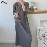 Sleeve Dress Women Summer Ulzzang New Leisure Hot Sale Simple Solid Retro Fashion L-4XL Chic Soft Elegant Mid-calf