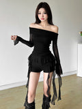 Sweet Spicy Sister Wind Lotus Leaf Side Splicing A Word Shoulder Long-Sleeved T-Shirt Girl Slimmed Hottie Autumn