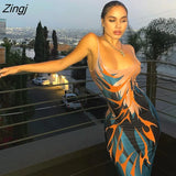 Women's Summer Long Sling Dress Fashion Sleeveless Spaghetti Strap Backless Pattern Print Beachwear