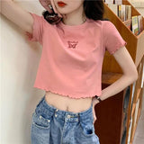 Zingj 2024 Summer High Waist Crop Short T-Shirt Women Slim And Thin Butterfly Embroidery Short-Sleeved Top
