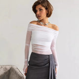Autumn And Winter New Women's Clothing Pure Color Repair Fashion One Word Neck Net Yarn Long Sleeve