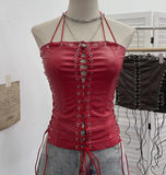 Babes Hollow Strapped Braped Pu Skin Top Female Tight Sexy Short Hanging Neck Vest