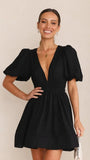 Zingj Summer New Sweet Deep V Waist Show Thin Pleated Bubble Sleeve Dress