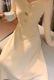 French Solid Long Sleeve V-Neck Sweater Knitted Maxi Midi Dress for Women Elegant Female Bodycon Dress Korean Autumn
