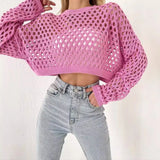 Spring And Summer New Knitted Shirt Horn Sleeve Loose Round Collar Hollow Sweater