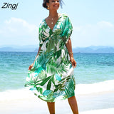 PETAL Green Tropical Print Midi Dress For Woman Sexy V-Neck Short Sleeve Beach Dress 2023 Summer Casual Sundress