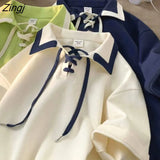 Sleeve T-shirts Women Baggy Preppy American Style New Fashion All-match Casual Drawstring Tops Students Футболка
