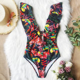 Printed Flowers Even Lotus Leaf Side Body Swimsuit Women 2025 New Swimsuit Bare