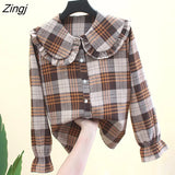 Sweet Plaid Shirt Women Kawaii Peter Pan Collar Lolita Blouse Japanese Preppy Style Puff Sleeve Top Blusas Mujer De