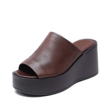 Time 99] Head-Level Cow Skin Retro Slope Hedley Sandals Women In Summer Wearing Loose Cake Thick Bottom Fish Mouth Half