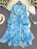 Autumn Women Floral Irregular Ruffle Long Dress Bohemian Pink/Blue/Purple Stand Collar Puff Sleeve High Waist