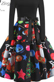 Women Christmas Long Sleeve Print Elegant Vintage Knee-length Party Dress Robe Autumn Winter Casual Xmas