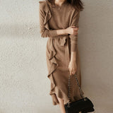 O-neck Ladies Knitted Dresses Women Long Sleeve Ruffles Slim Lace-up Female Sweater Dress Women Clothing Winter