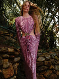 Shiny Sequins Hollow Backless Long Dress Elegant O-Neck Long Sleeve Flower Buckle Design Slim Dress Party Cocktail