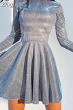 Fashion Chic Bling Glitter Long Sleeve Club Party Dress Mini Backless Hollow Out Sexy Dress Women Autumn Pleated