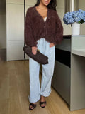Leopard Knitted Cardigan Sweater V Collar Design Elegant And Colorful Style Full Of Loose