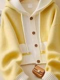 Style Yellow Splicing Hood Design Sweater Coat Knitted Cardigan Showing Lean Long Sleeves Loose Casual