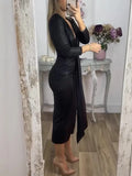 Women's Autumn And Winter Sexy V-Neck Dress Solid Hot Gold Tight-Body Ass