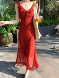 Xixi 2025 Summer New Korean Version Of High-Waisted Vacation Sling Dress V-Neck Print Pure Desire Skirt