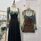 2023 Spring Dress French Court Style Lace With Lace Stitched Print Horn Long-Sleeved T-Shirt