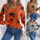 Autumn And Winter Casual V-Neck Star Cut Long-Sleeved Knitted Sweater Women's