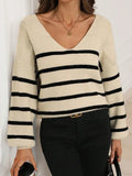 And Winter New Striped Hit-Colored Sweater Women Loose Bow Tie With Knitted