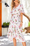 Ladies Summer Dress Women Casual Short Sleeve Ruffles Floral Print Holiday Style Chic Long Dress Beach Chiffon